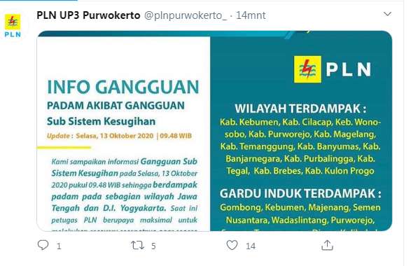 PLN Sebut Mati Listrik Menyeluruh di 12 Kabupaten Wilayah Jateng Selatan