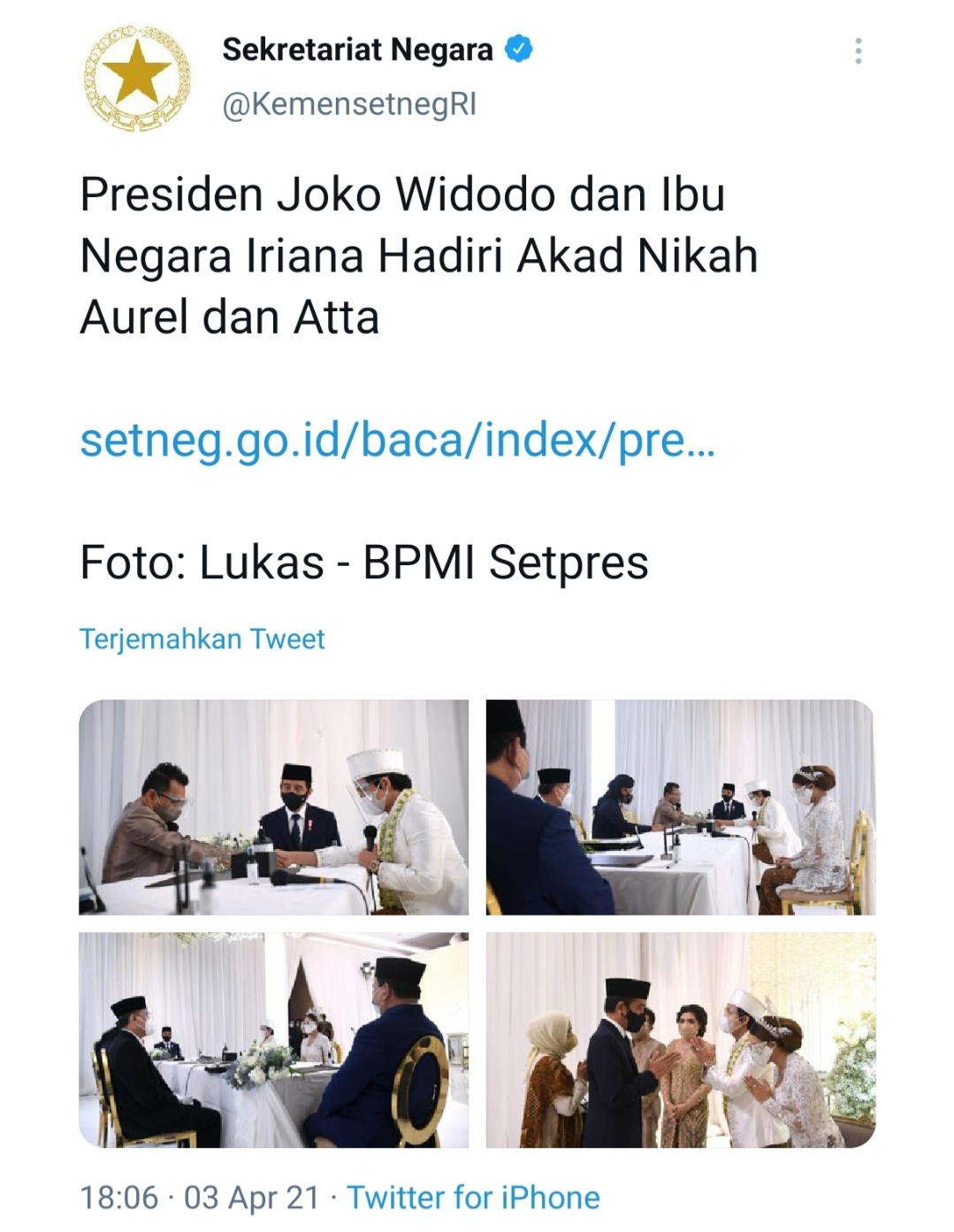 Akun @KemensetnegRI Dibanjiri Komentar Pedas Setelah Upload Jokowi jadi Saksi Nikah Atta dan Aurel