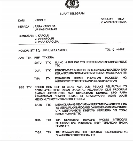 Terbitkan Telegram Soal Larangan Kapolri, Bukan Untuk Media Nasional, Hanya untuk Internal Humas