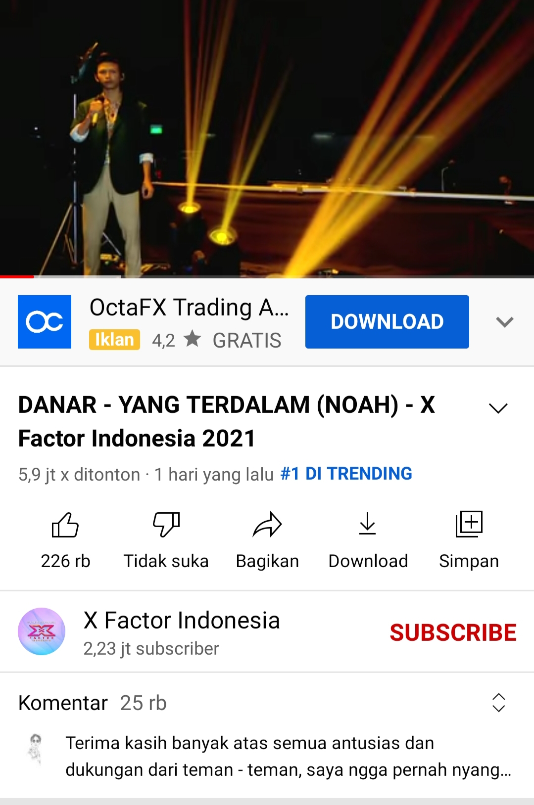 Danar Widianto Trending 1 Lagi di Youtube Saat Bawakan Lagu 'Yang Terdalam' Noah