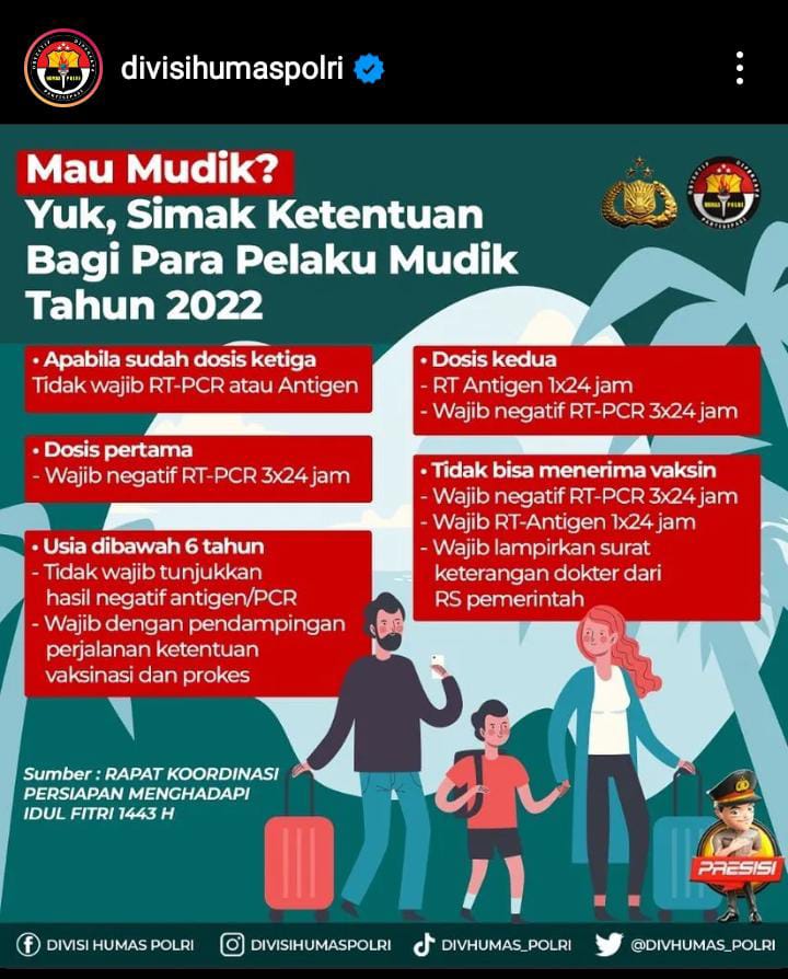 POLRI Bagikan Ketentuan Mudik 2022