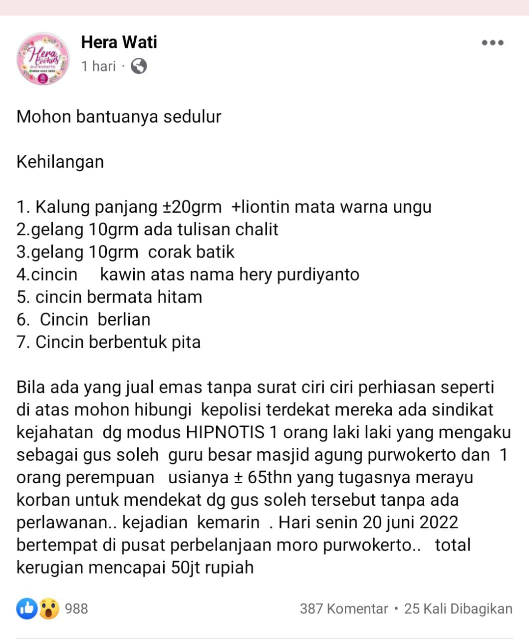 Wanita Dihipnotis di Supermarket di Purwokerto, 40 Gram Perhiasan Emas Ludes Dibawa Kabur