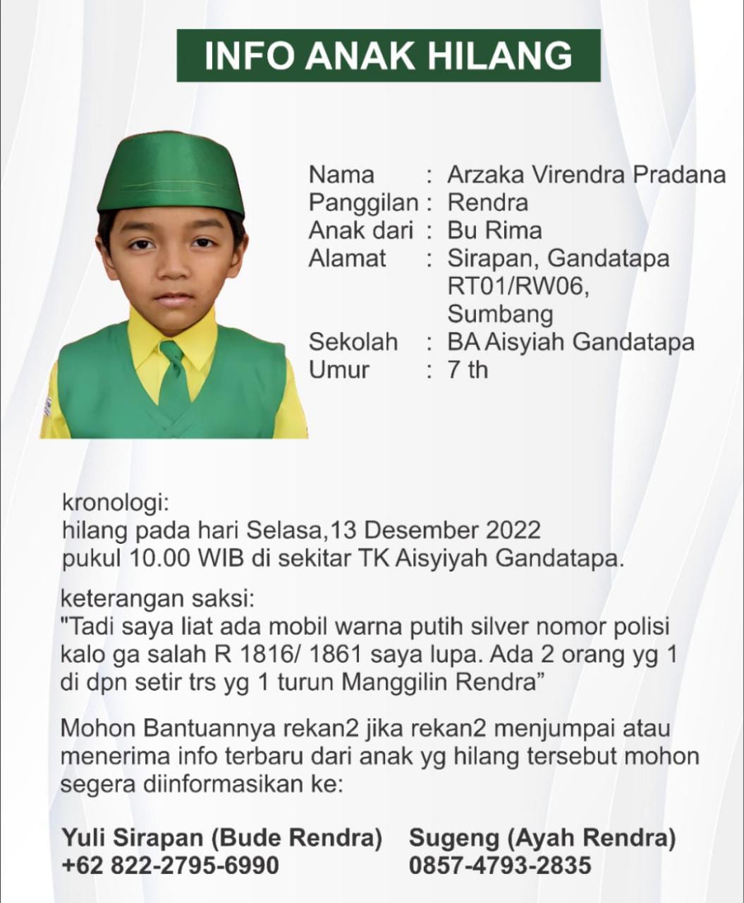 Penculikan Anak di TK Aisyiah di Sumbang Banyumas, Polisi : Lagi Lidik, Diduga Dibawa Bapak Tirinya