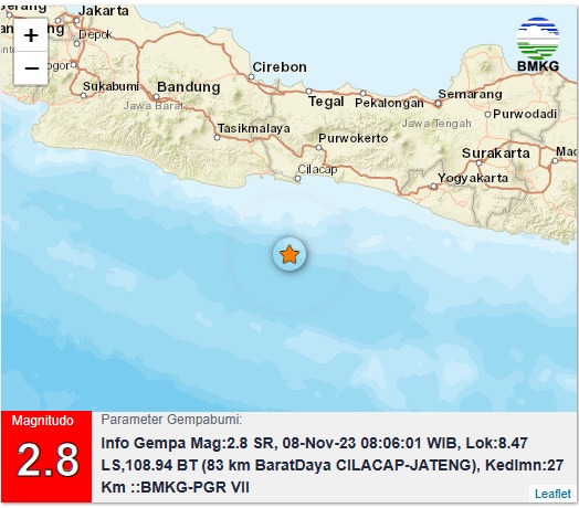 Rabu Pagi, Gempa 2,8 SR Guncang Cilacap