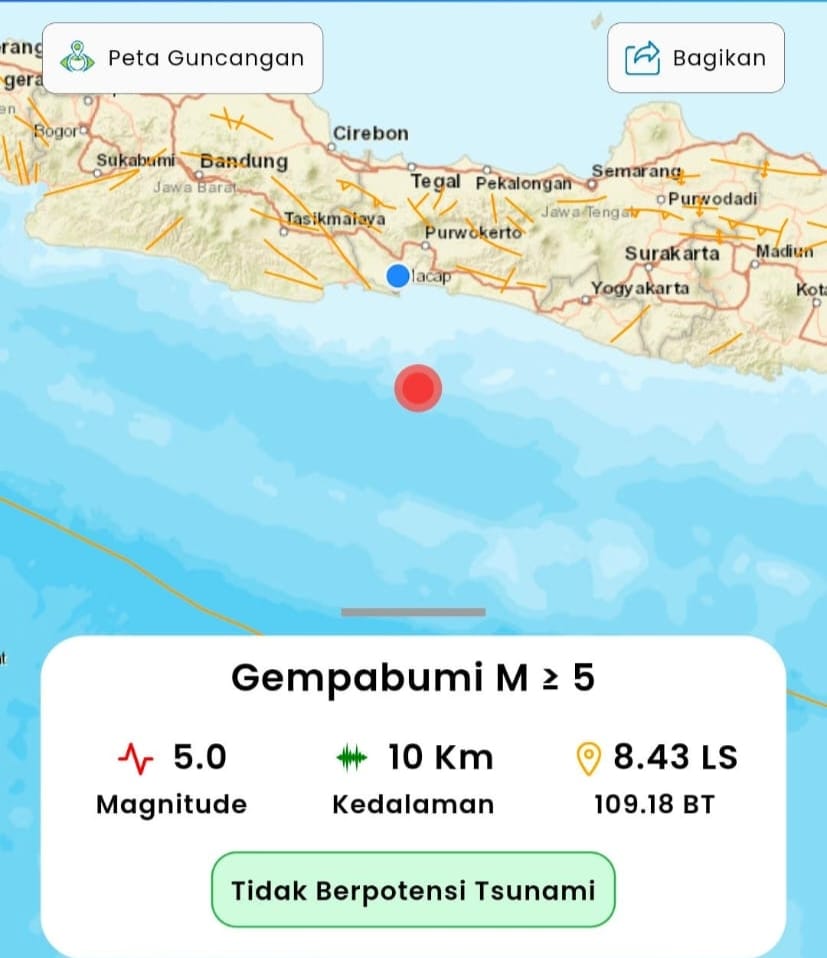 Cilacap Diguncang Gempa Magnitudo 5,0, Ini Kata BMKG