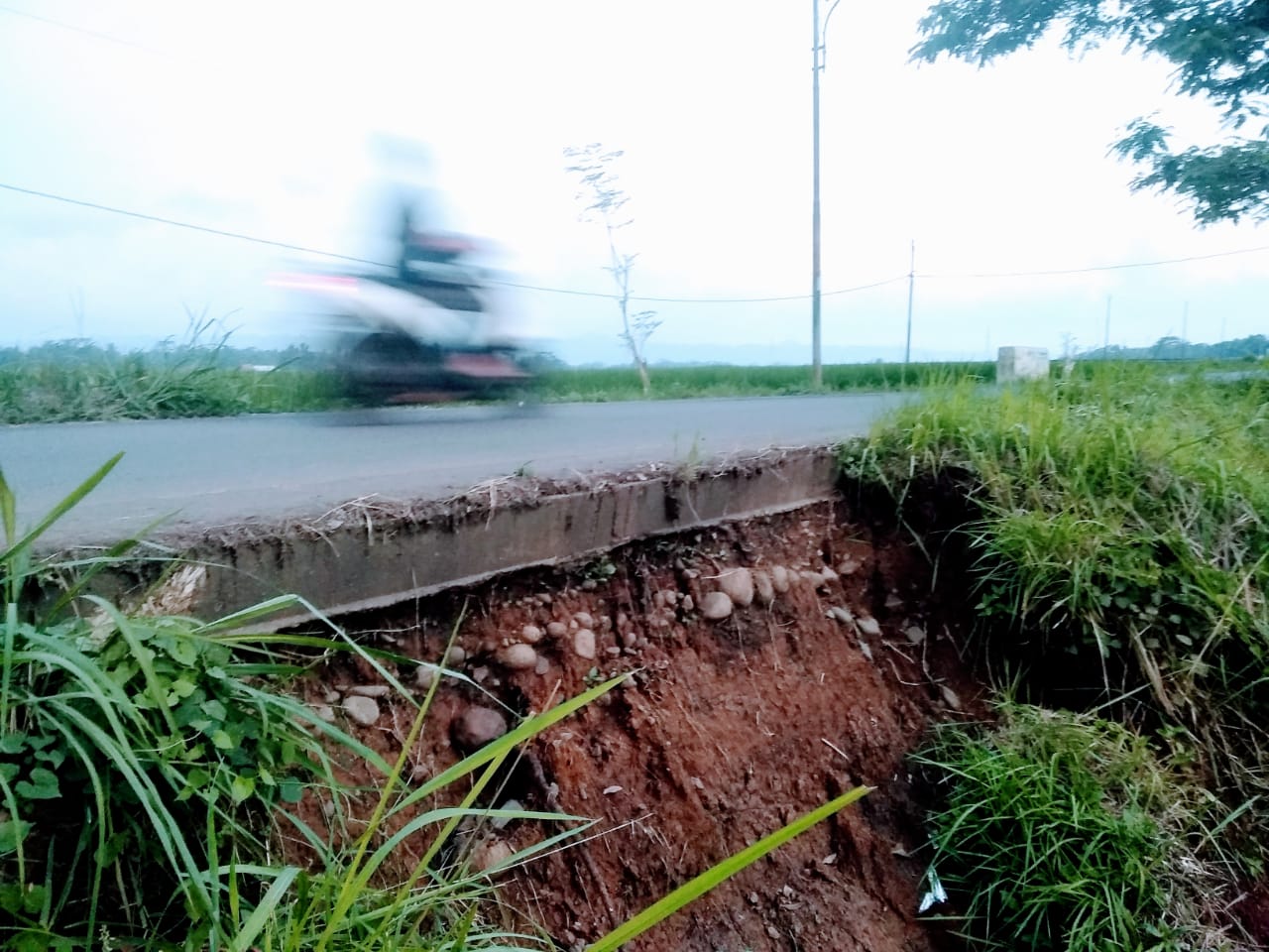 Tanah Longsor di Tanggul Sungai Angin Menggerus Material Aspal Jalan Kabupaten