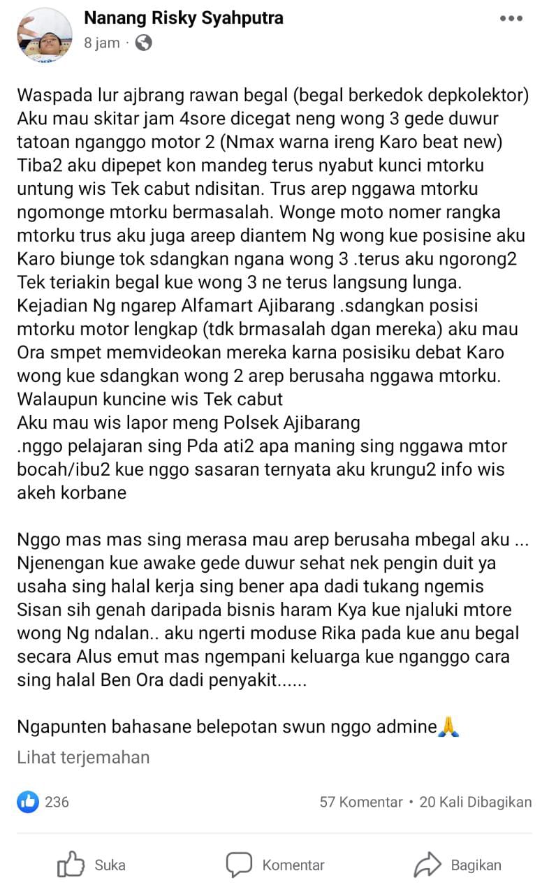 Viral Postingan Facebook Soal Begal Berkedok Debt Collector Incar Korban di Ajibarang 