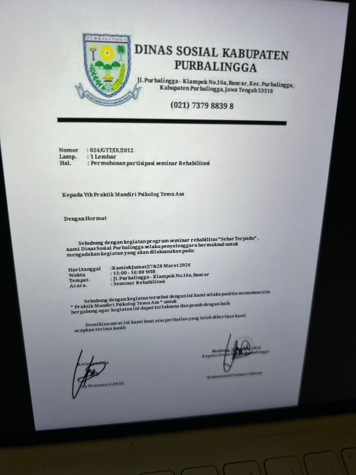 Modus Seminar Fiktif, Surat Palsu Catut Dinsospermasdes P3A Purbalingga