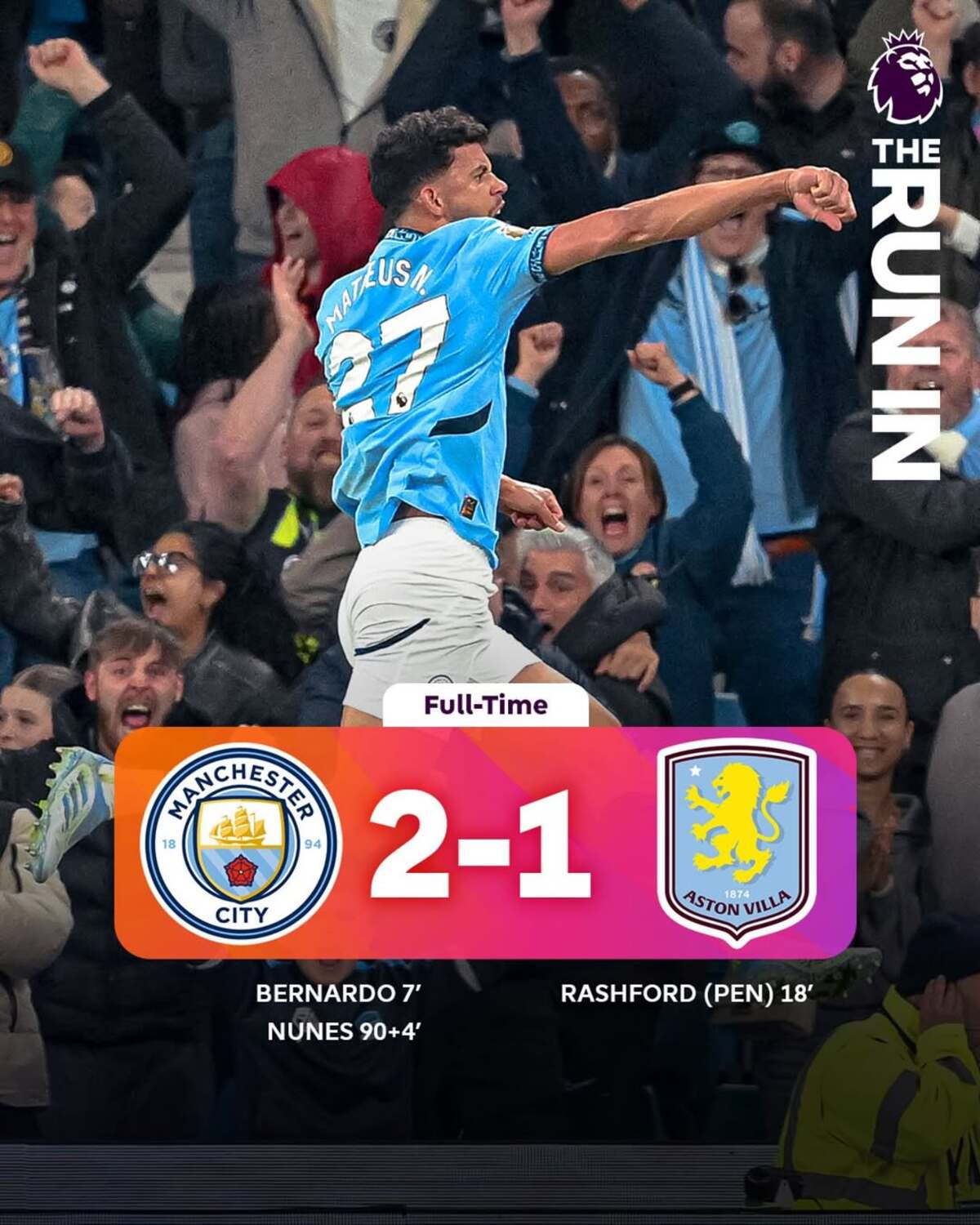 Drama Menit Akhir! Nunes Jadi Pahlawan Kemenangan Manchester City atas Aston Villa