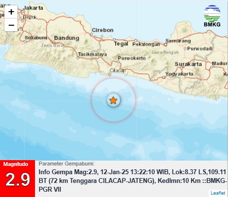 Perairan Cilacap Diguncang Gempa 2,9 SR