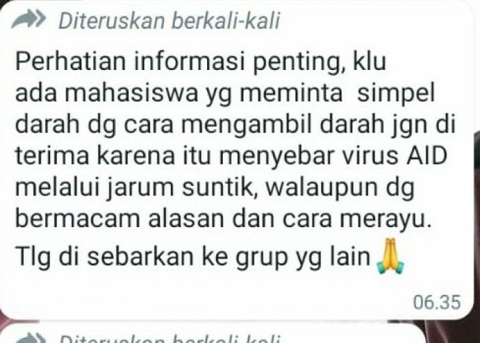  Beredar di WhatsApp: Waspada Pengambilan Sampel Darah   